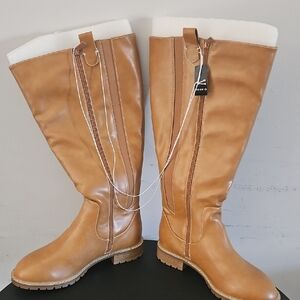 torrid Tan Knee-High Faux Leather Boots with White Sherpa Lining